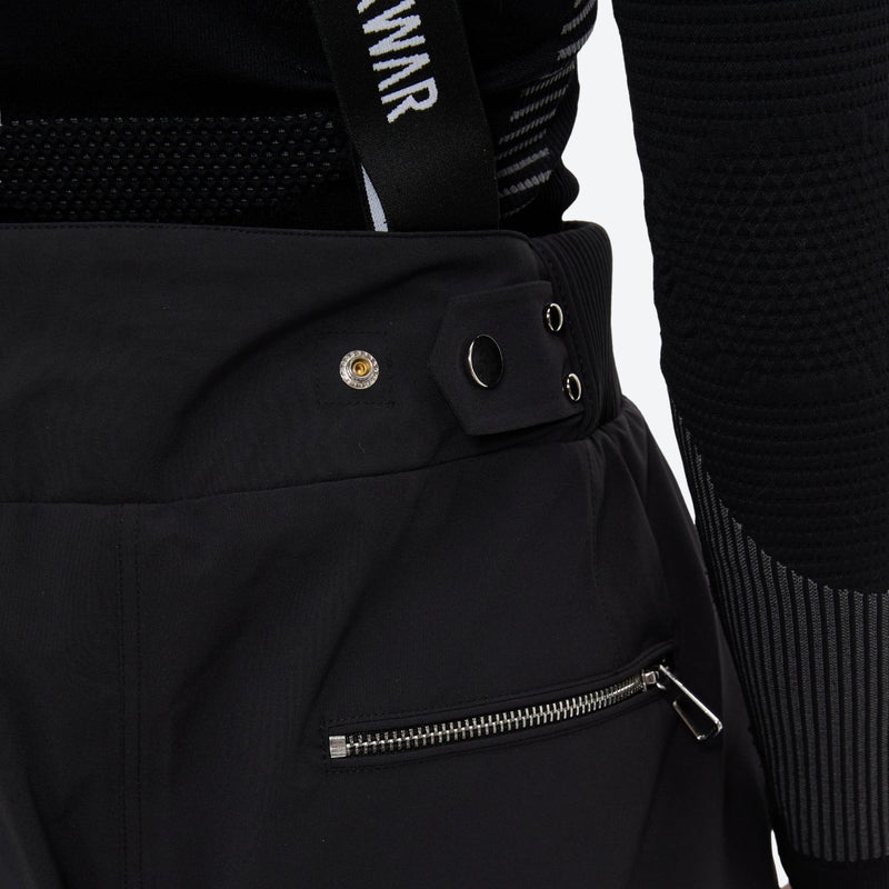Women's breathable striped ski jacket with bibs - black, waistband snap and zip close-up detail, for powder and piste riding