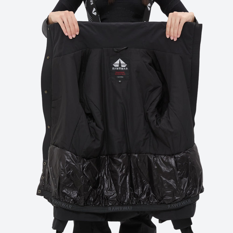 Women's waterproof 3L ski jacket and pants set - black, interior lining open flat detail, for snowy mountain travel