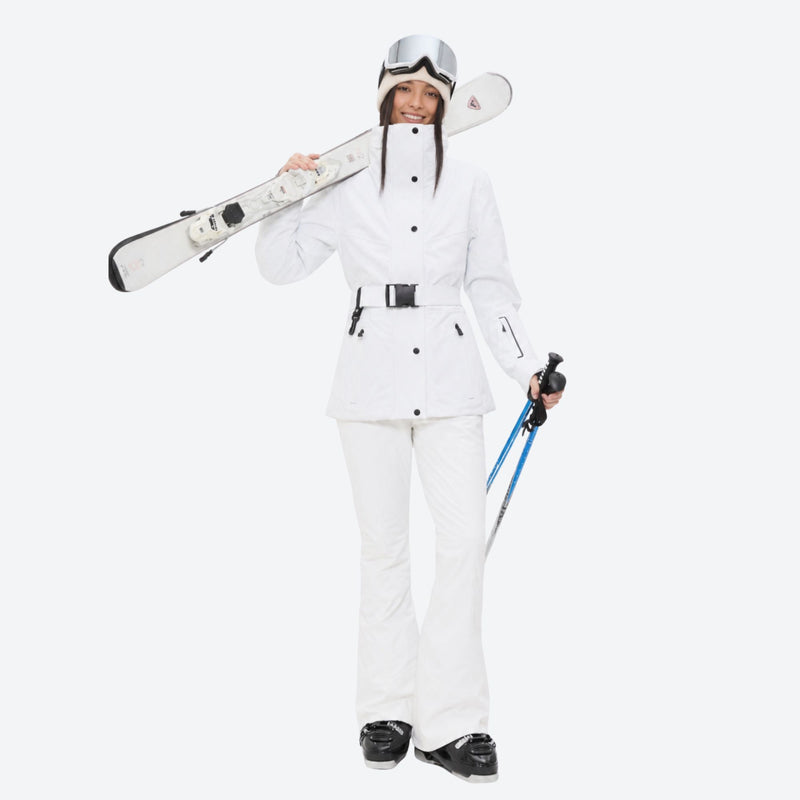 Women's 3-layer breathable ski suit - white jacket with lavender pants, for cold-weather winter sports