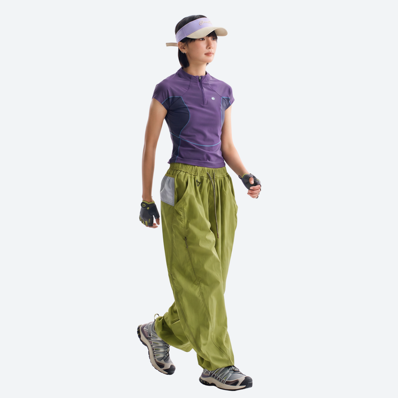 Unisex lightweight quick-dry hiking pants - green hiking pants with purple tee, for warm-weather adventures