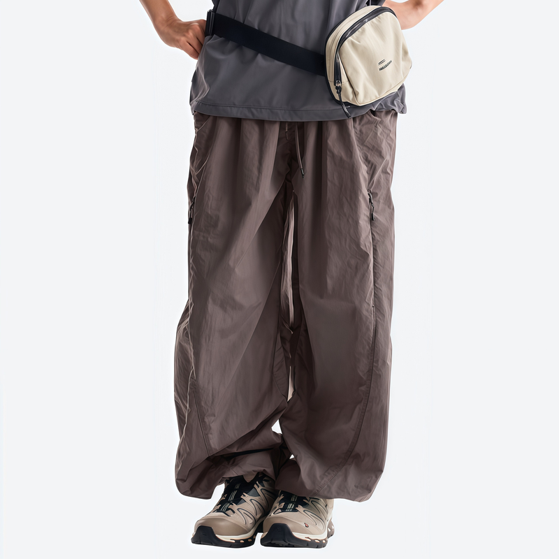 Unisex parachute hiking pants with hidden pockets - brown gray hiking pants with waist bag, for travel and camping