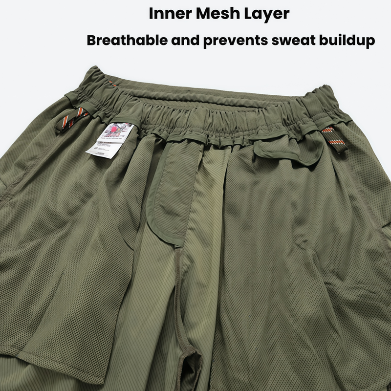 Unisex parachute hiking pants with hidden pockets - olive, inner mesh layer close-up with text, for daily outdoor wear