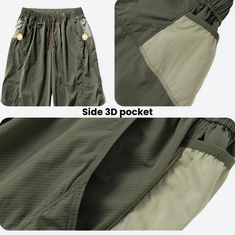 Breathable loose-fit trail pants with mesh lining - olive, side 3D pocket close-up collage, for hiking and trail walking