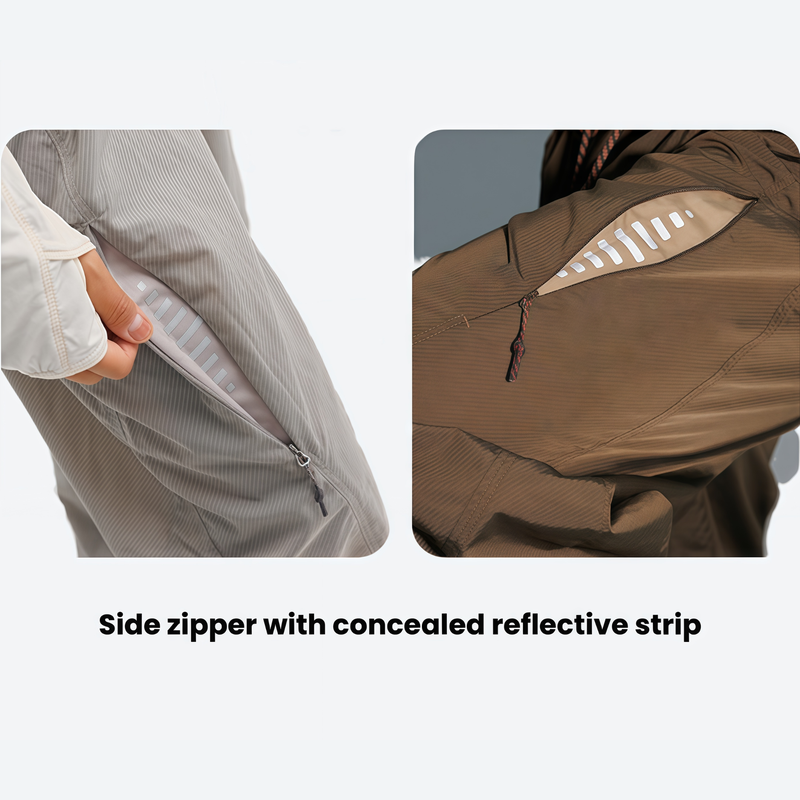 Unisex lightweight quick-dry hiking pants - olive, side zipper reflective strip close-up collage, for daily outdoor wear