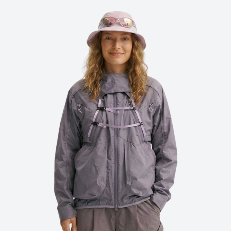 Breathable 2-way wear shell with laser-cut back pocket - mauve gray detachable jacket, for resort and street wear