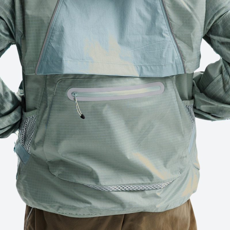 Unisex detachable waterproof jacket with vest mode - mint, back pocket close-up detail, for resort and street wear