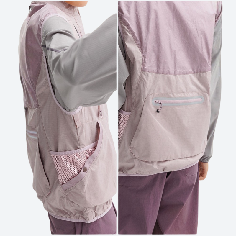 Unisex detachable waterproof jacket with vest mode - pink mauve, pocket close-up two views, for resort and street wear