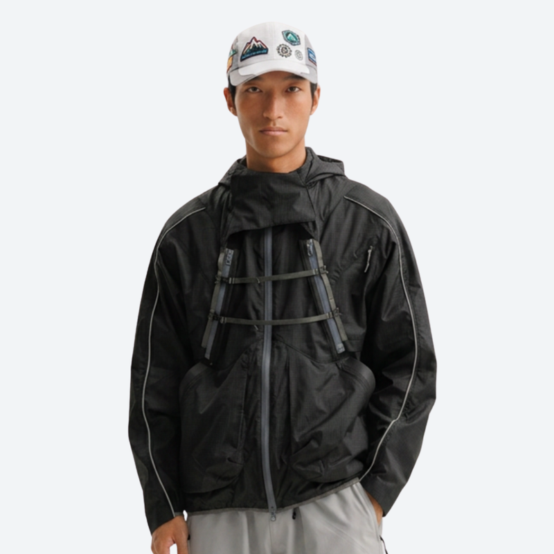 Breathable 2-way wear shell with laser-cut back pocket - black detachable jacket, for travel and daily commute