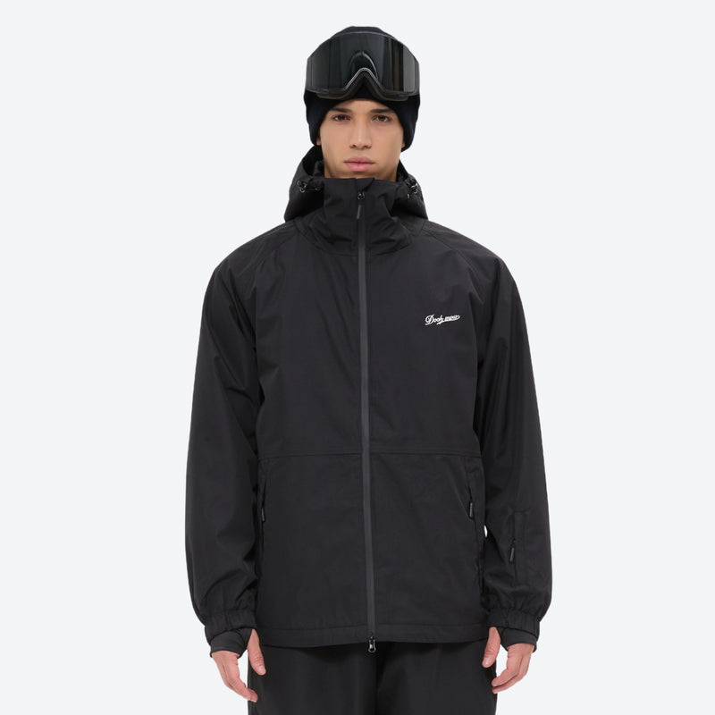 Men's 2-layer snowboard jacket and pants - black jacket, on-model front view, for resort and street wear