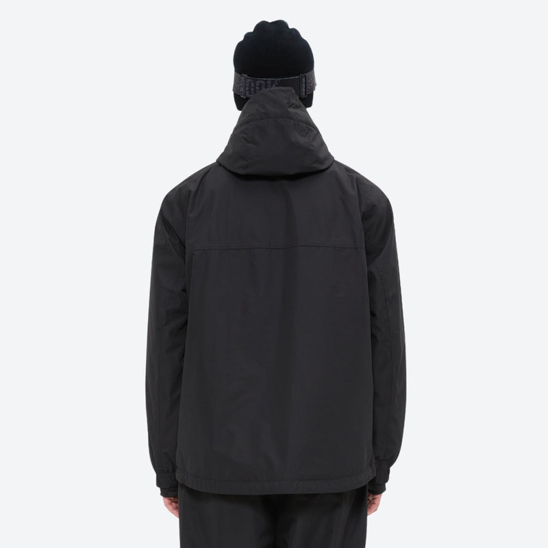 Men's 2-layer snowboard jacket and pants - black jacket, on-model back view, for skiing and snowboarding