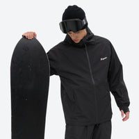 
                  
                    Men's 2-layer snowboard jacket and pants - black jacket, on-model front holding snowboard, for powder days and winter commute
                  
                