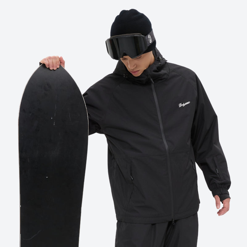 Men's 2-layer snowboard jacket and pants - black jacket, on-model front holding snowboard, for powder days and winter commute