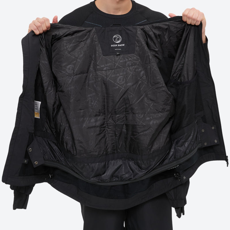 Unisex waterproof 2L snow jacket and pants - black, interior lining open flat detail, for skiing and snowboarding