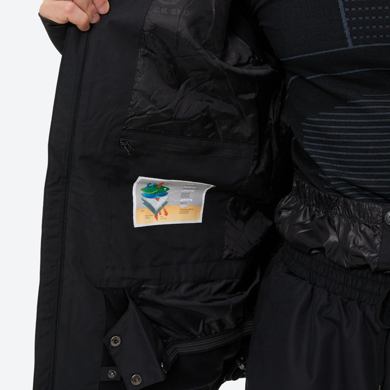 Unisex snowboard jacket and pants with snow gaiters - black, for skiing and snowboarding
