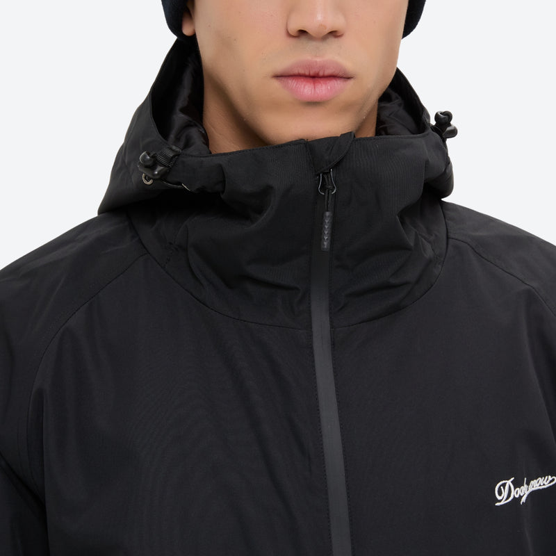 Unisex waterproof 2L snow jacket and pants - black, collar close-up detail, for cold-weather winter sports