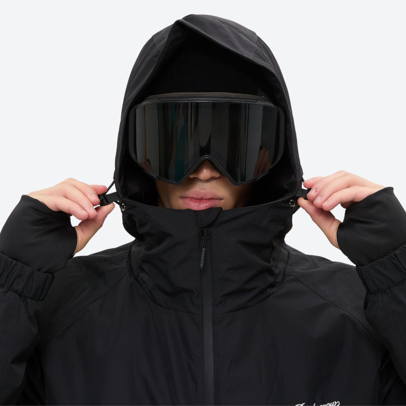 Unisex snowboard jacket and pants with snow gaiters - black, for powder days and winter commute