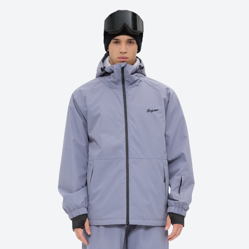 Men's waterproof 2L snow jacket and pants series - lavender gray jacket, on-model front view, for resort and street wear