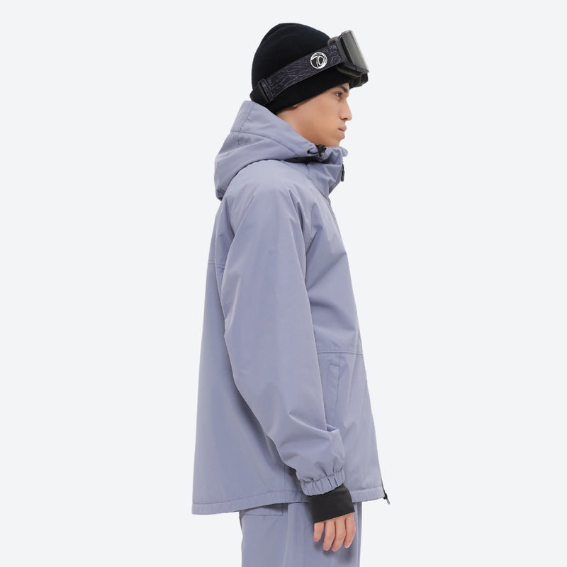 Men's 2-layer snowboard jacket and pants - lavender gray jacket, on-model side view, for cold-weather winter sports