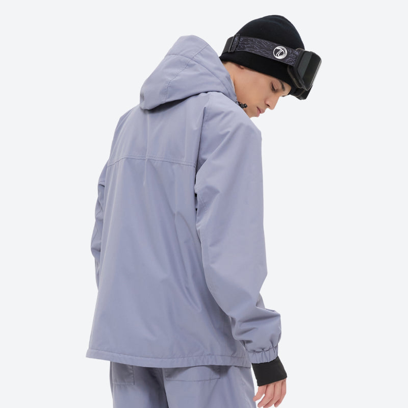 Men's minimalist breathable ski jacket set - lavender gray jacket, side view bending forward, for resort and street wear