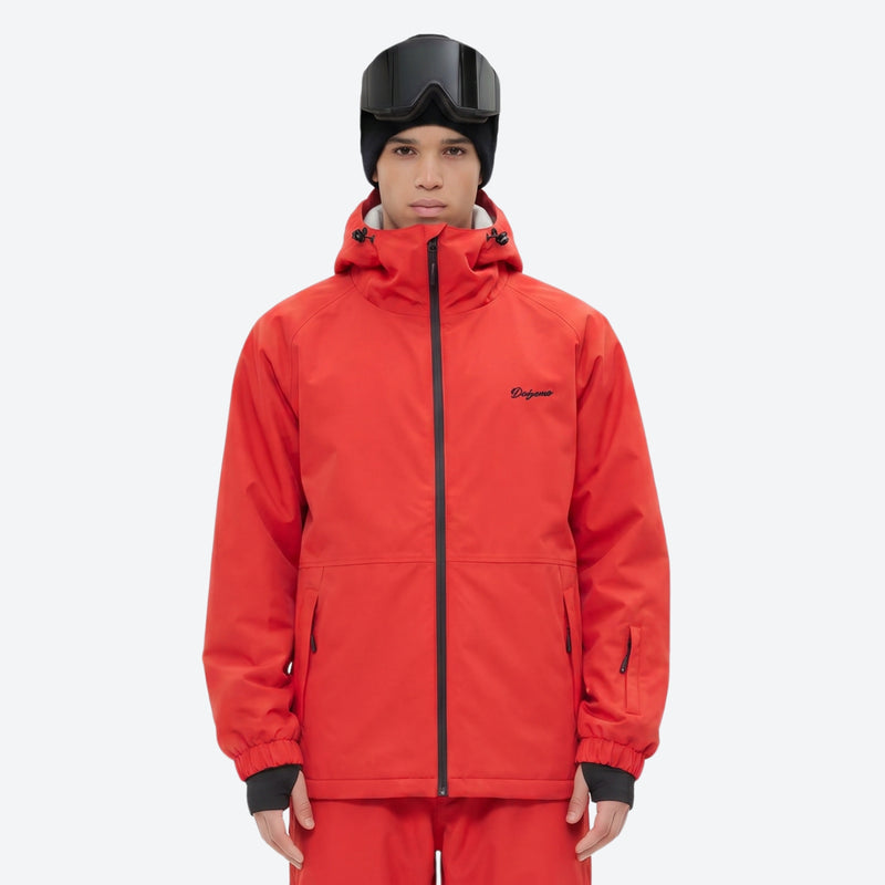 Men's 2-layer snowboard jacket and pants - red jacket, on-model front view, for powder days and winter commute