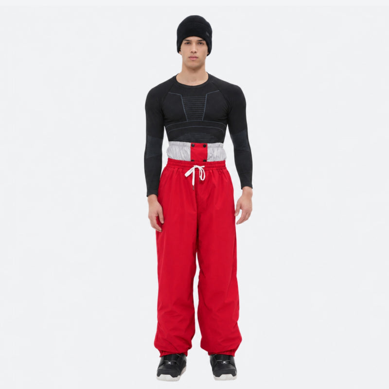 Men's minimalist breathable ski jacket set - red snow pants with black top, on-model front view, for skiing and snowboarding
