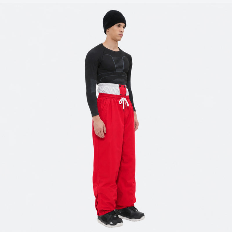 Men's minimalist breathable ski jacket set - red snow pants with black base layer, for cold-weather winter sports