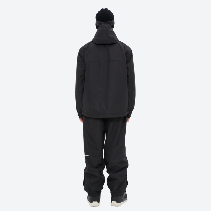 Men's 2-layer snowboard jacket and pants - black jacket with black pants, on-model back view, for cold-weather winter sports