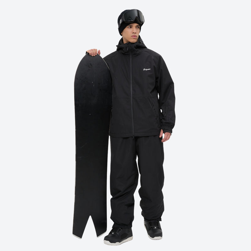 Men's minimalist breathable ski jacket set - black jacket with black pants, for cold-weather winter sports