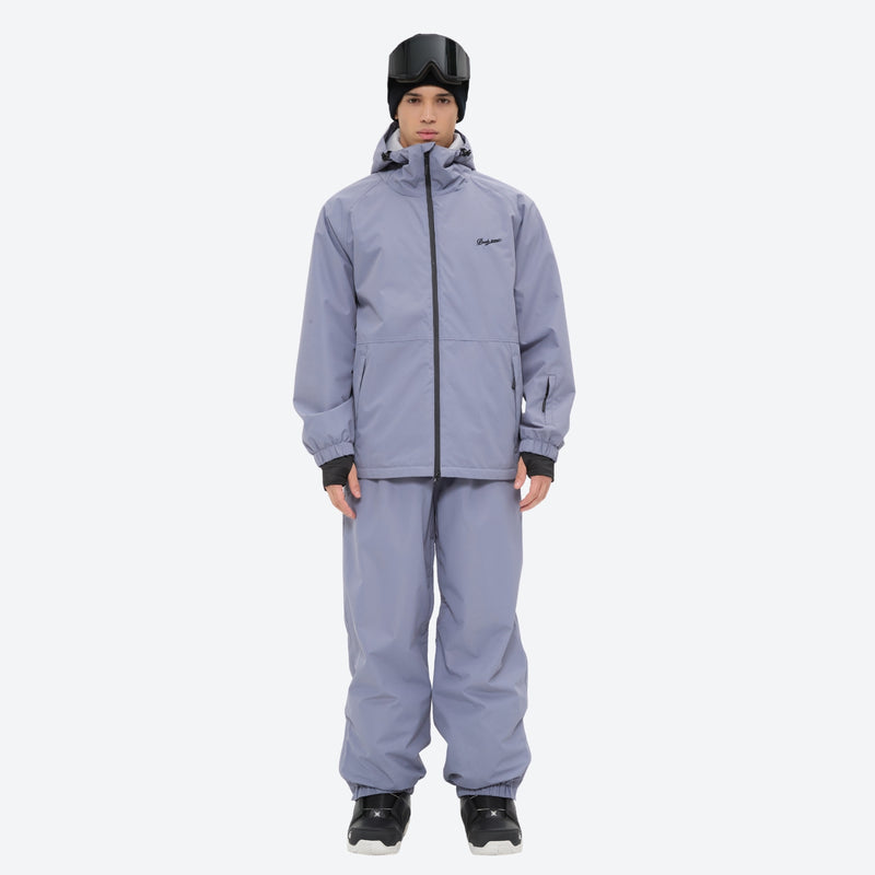 Men's minimalist breathable ski jacket set - lavender gray jacket with lavender pants, for cold-weather winter sports