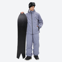 
                  
                    Men's waterproof 2L snow jacket and pants series - lavender gray jacket with lavender pants, on-model front holding snowboard
                  
                