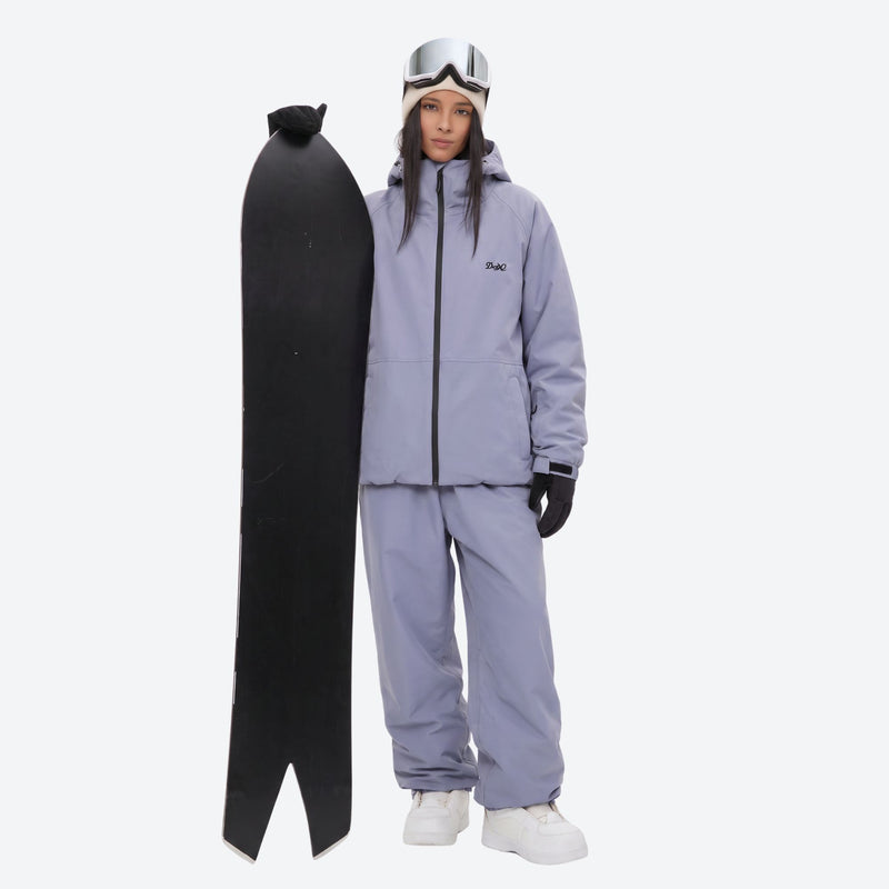 Unisex snowboard jacket and pants with snow gaiters - lavender jacket with lavender pants, for resort and street wear