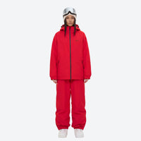 
                  
                    Breathable minimalist 2-layer ski jacket set - red jacket with red pants, for powder days and winter commute
                  
                