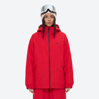 
                  
                    Breathable minimalist 2-layer ski jacket set - red jacket, on-model front view, for cold-weather winter sports
                  
                