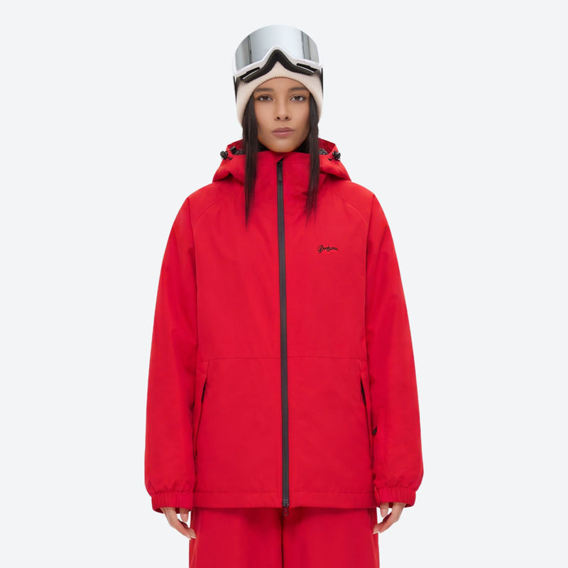 Breathable minimalist 2-layer ski jacket set - red jacket, on-model front view, for cold-weather winter sports