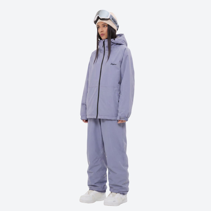 Unisex waterproof 2L snow jacket and pants - lavender jacket with lavender pants, for powder days and winter commute