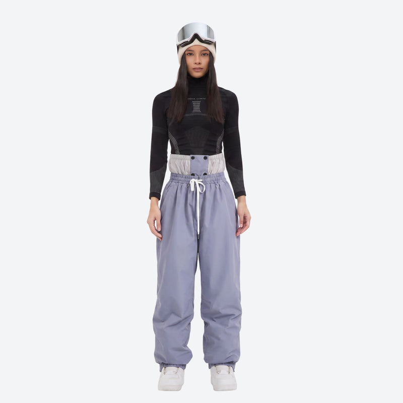 Unisex waterproof 2L snow jacket and pants - lavender snow pants with black top, for cold-weather winter sports
