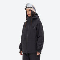 
                  
                    Breathable minimalist 2-layer ski jacket set - black jacket, on-model three-quarter front view, for resort and street wear
                  
                
