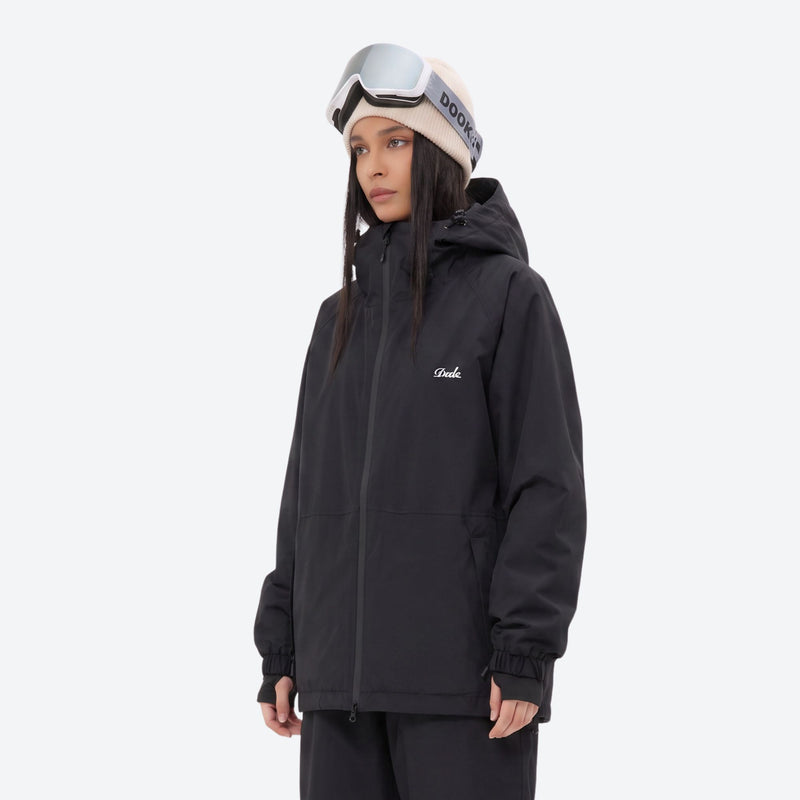 Breathable minimalist 2-layer ski jacket set - black jacket, on-model three-quarter front view, for resort and street wear