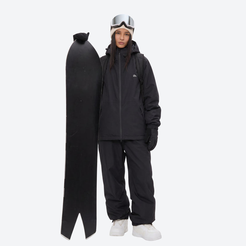 Unisex waterproof 2L snow jacket and pants - black jacket with black pants, for resort and street wear