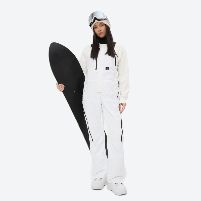 Women's minimalist bib snowboard pants with gaiters - white bib snow pants, for powder and piste riding