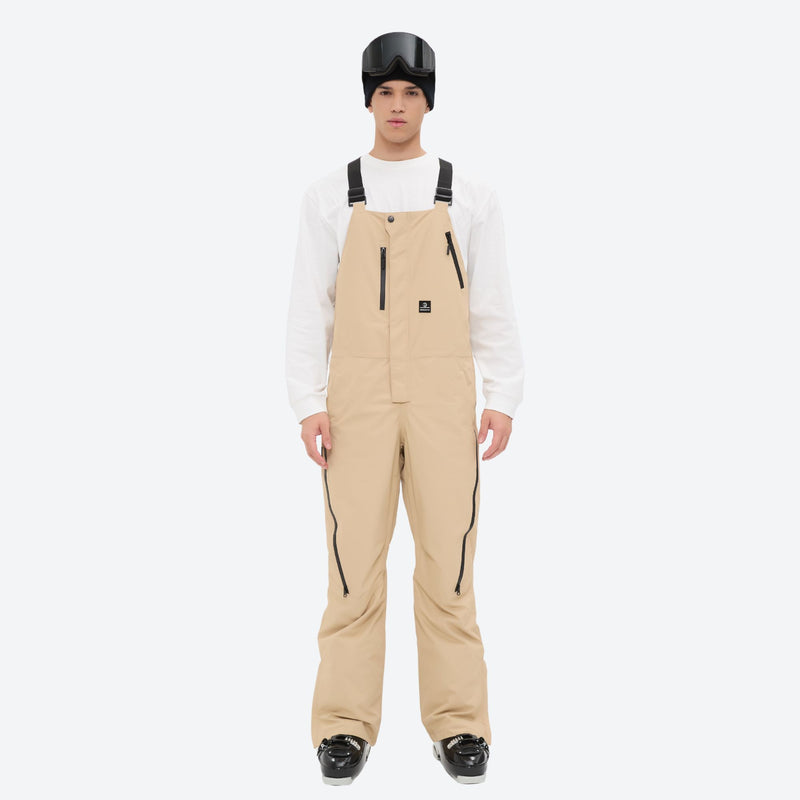 Men's waterproof 3L bib snow pants - tan bib snow pants with white top, on-model front view, for skiing and snowboarding