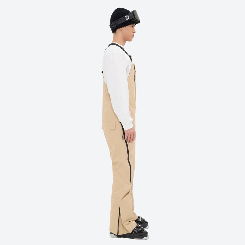 Men's breathable 3-layer suspender ski pants - tan bib snow pants with white top, for skiing and snowboarding