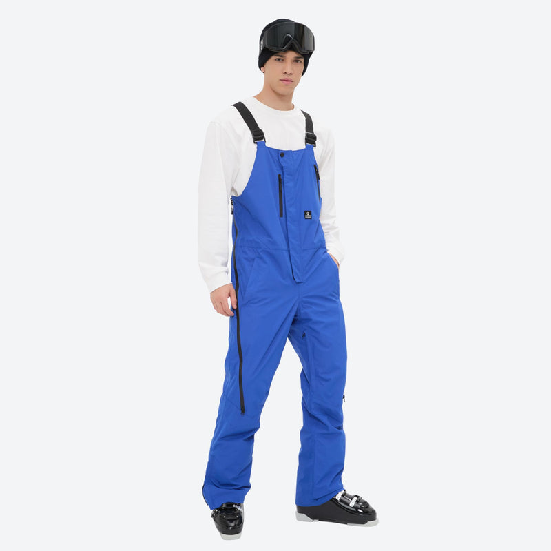 Men's minimalist bib snowboard pants with gaiters - blue bib snow pants with white top, for resort and backcountry days