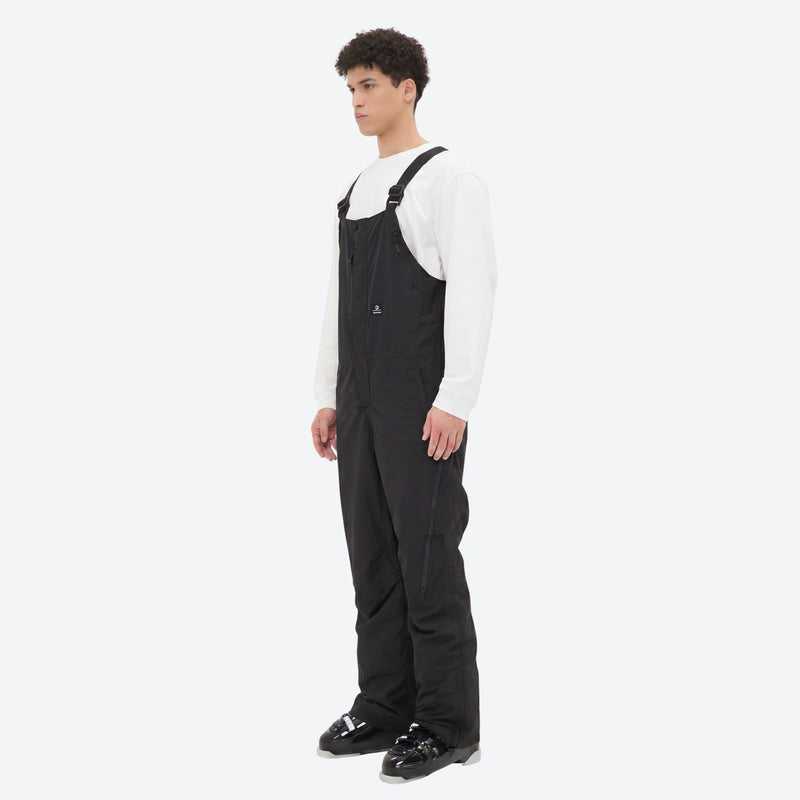 Men's minimalist bib snowboard pants with gaiters - black bib snow pants with white top, for skiing and snowboarding