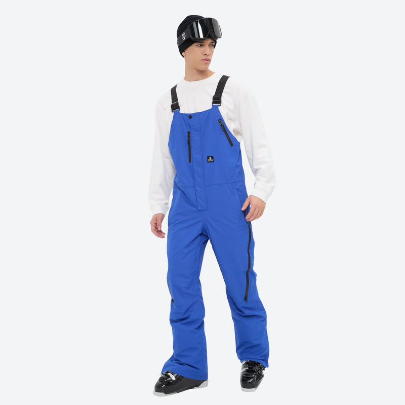 Men's breathable 3-layer suspender ski pants - blue bib snow pants with white top, for cold-weather winter sports
