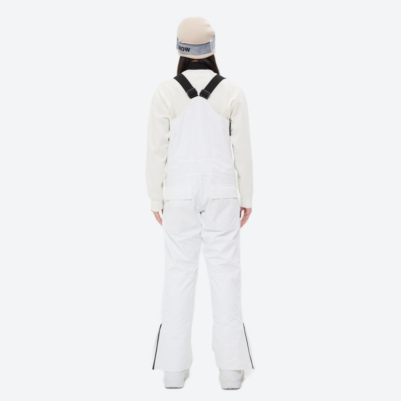 Women's minimalist bib snowboard pants with gaiters - white bib snow pants with white top, for resort and backcountry days