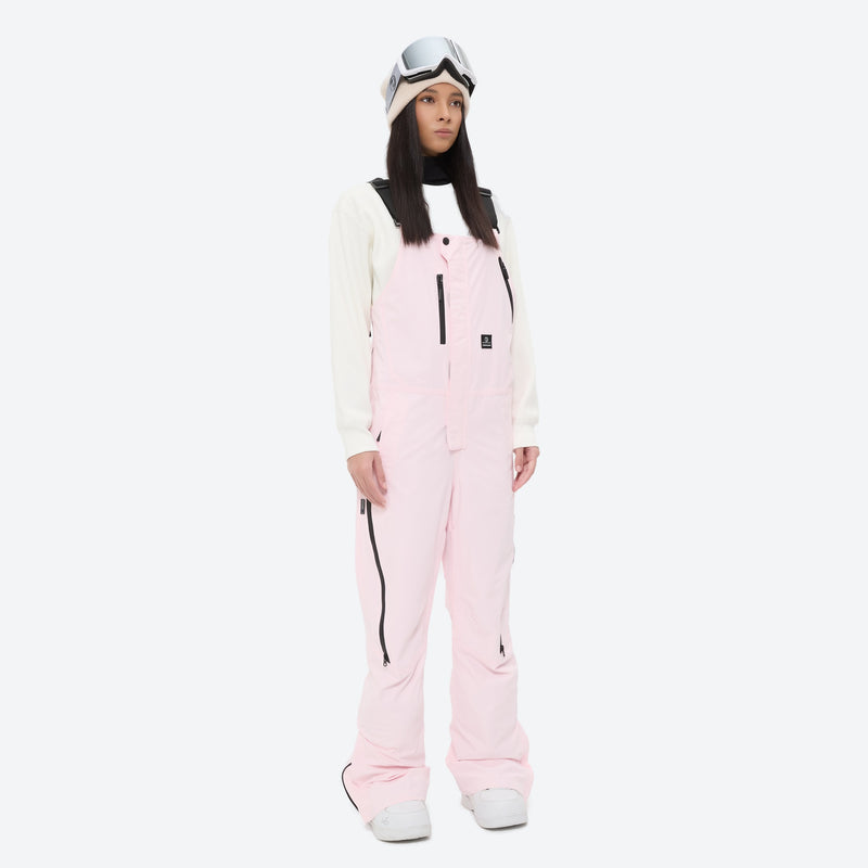 Women's breathable 3-layer suspender ski pants - pink bib snow pants with white top, for skiing and snowboarding