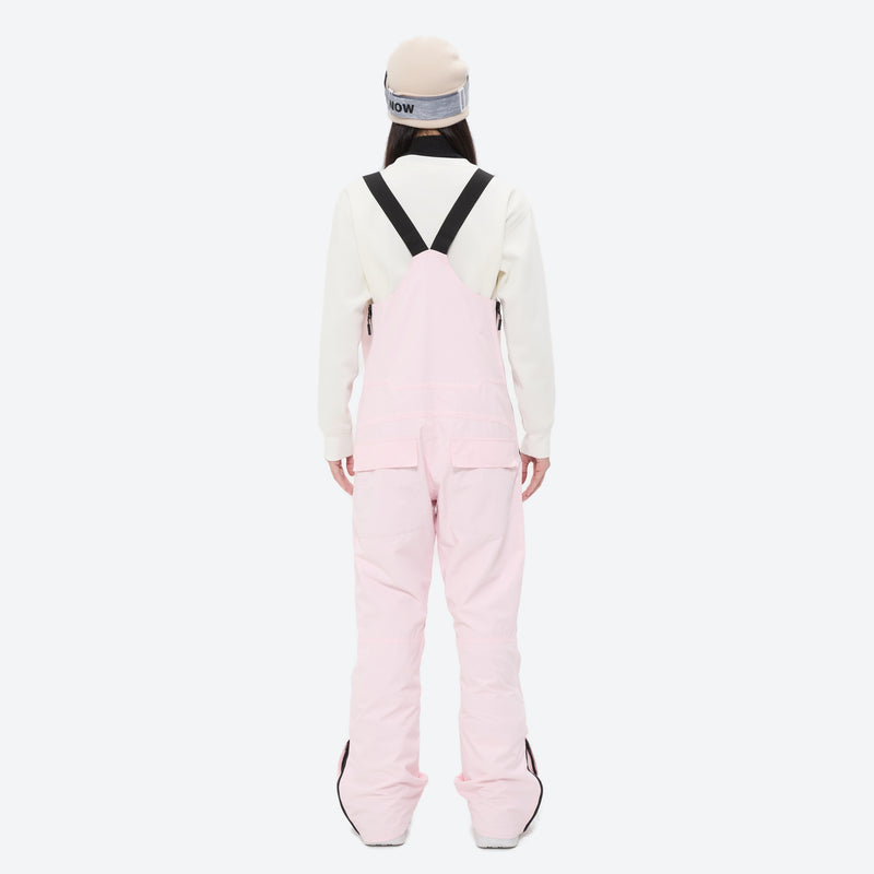 Women's waterproof 3L bib snow pants - pink bib snow pants with white top, on-model back view, for powder and piste riding