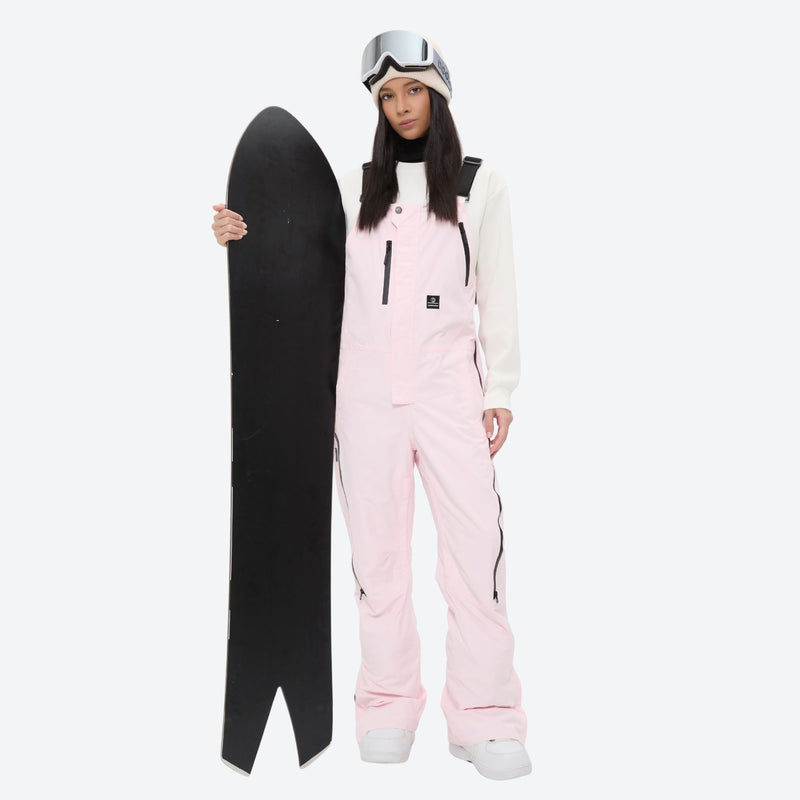 Women's minimalist bib snowboard pants with gaiters - pink bib snow pants, for powder and piste riding