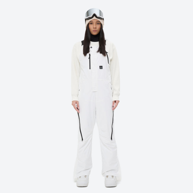 Women's minimalist bib snowboard pants with gaiters - white bib snow pants with white top, for cold-weather winter sports